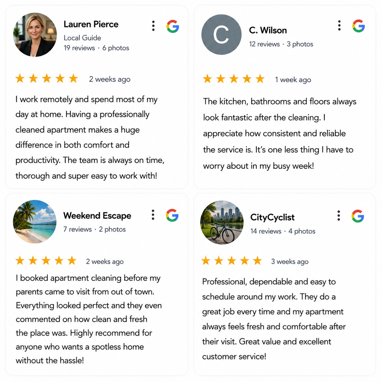 ⭐⭐⭐⭐⭐ 5.0 google rating • real feedback from clients who booked apartment, condo and home cleaning services.